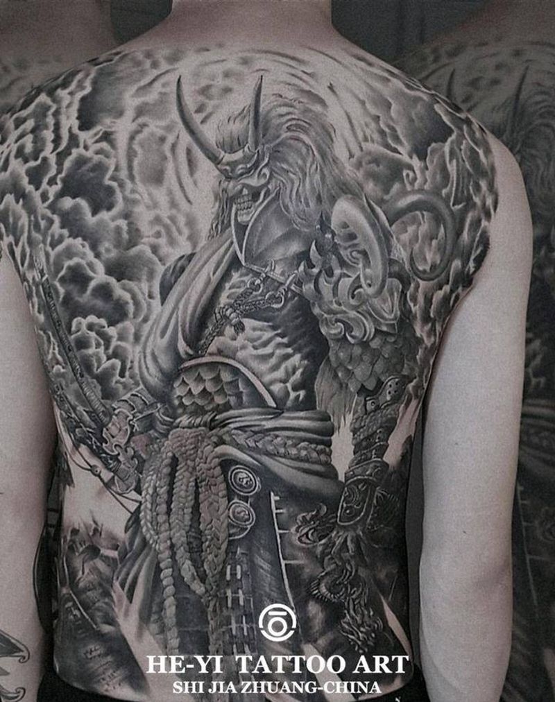 鬼武士纹身图片_背部手臂欧美写实老传统鬼武士满背纹身欧美满背纹身图案