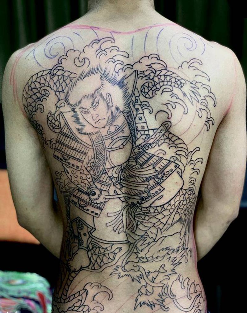 日式满背走线纹身图片_背部手臂老传统新传统日式水浒人物纹身图案