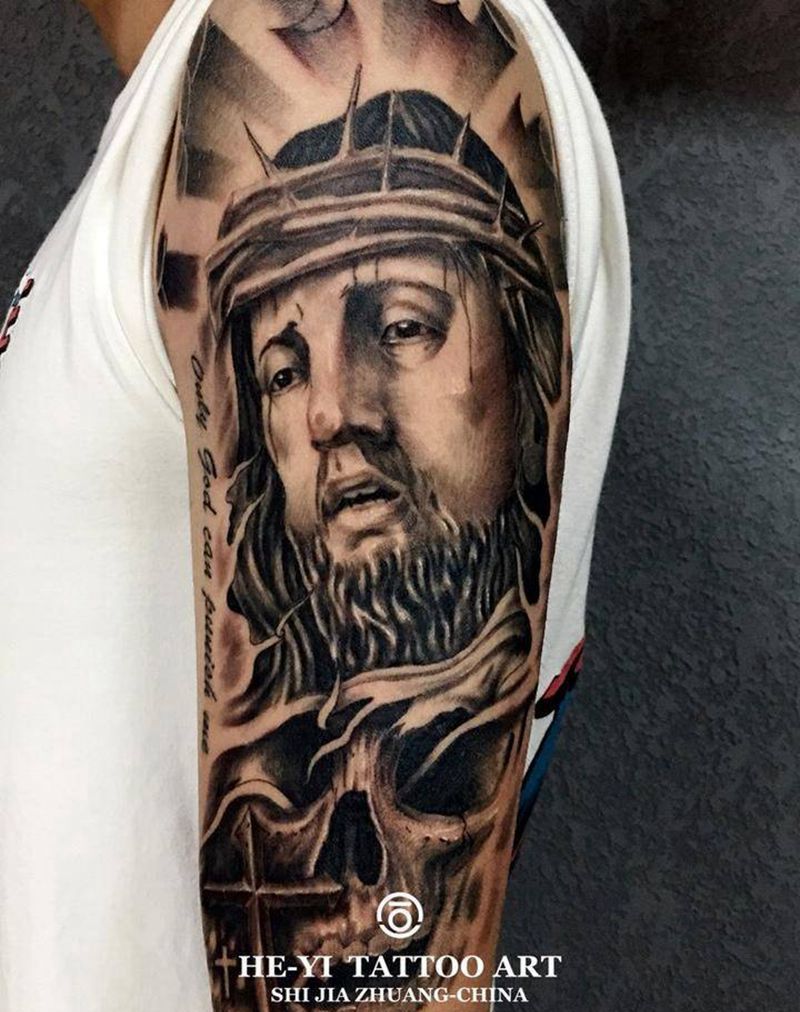 耶稣纹身图片_手臂欧美写实耶稣骷髅纹身图案