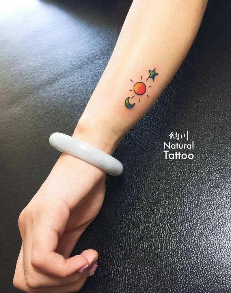 日月星纹身图片_成品插画手臂手部清新欧美几何卡通纹身图案
