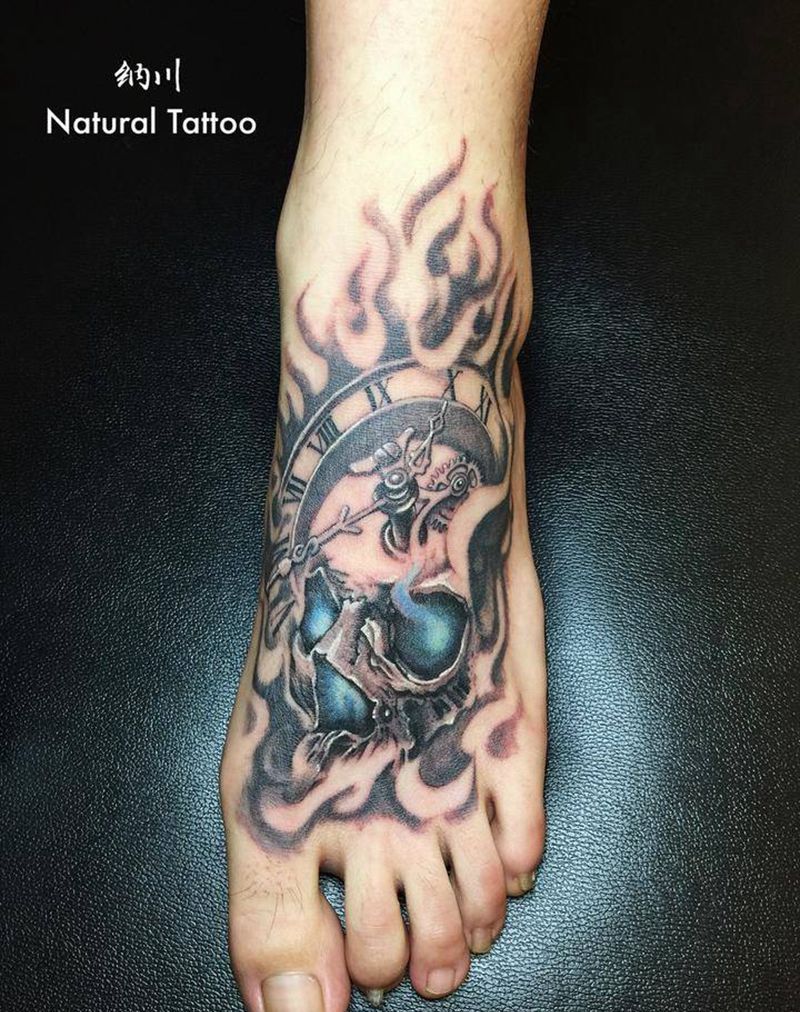 死神和时钟带你走完不好的日子～纹身图片_成品脚部欧美写实字符鬼神原创静物纹身图案