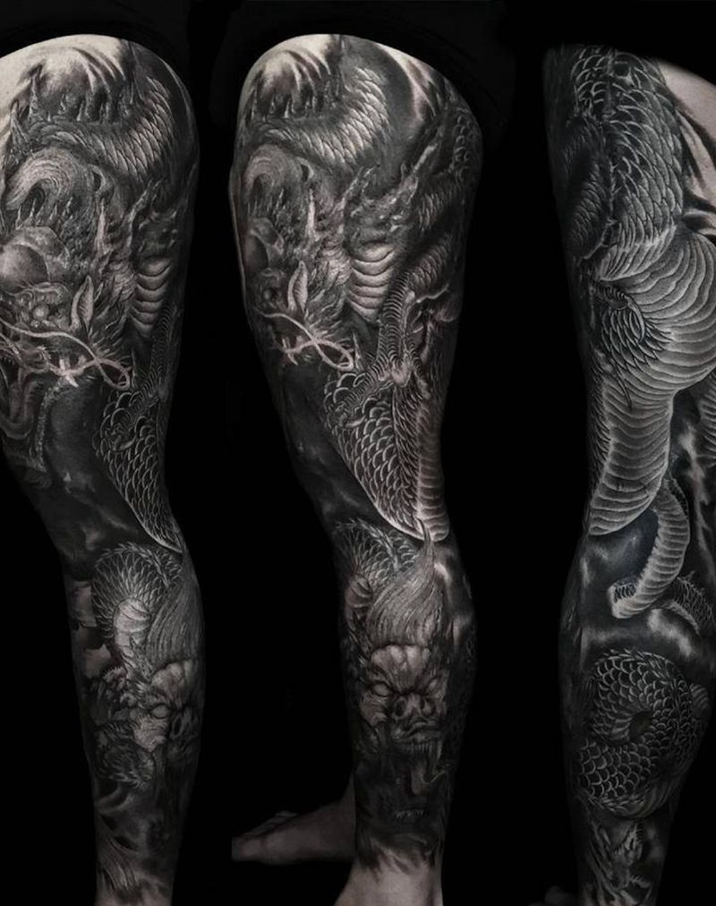 花腿龙纹身图片_腿部背部欧美写实新传统花腿龙盘腿龙花腿纹身图案