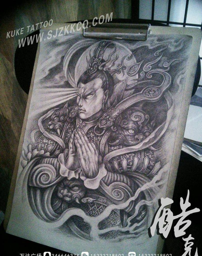 二郎神纹身图片_背部传统鬼神纹身图案