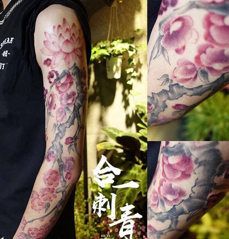 梅花花臂纹身图片_手臂国画传统纹身图案