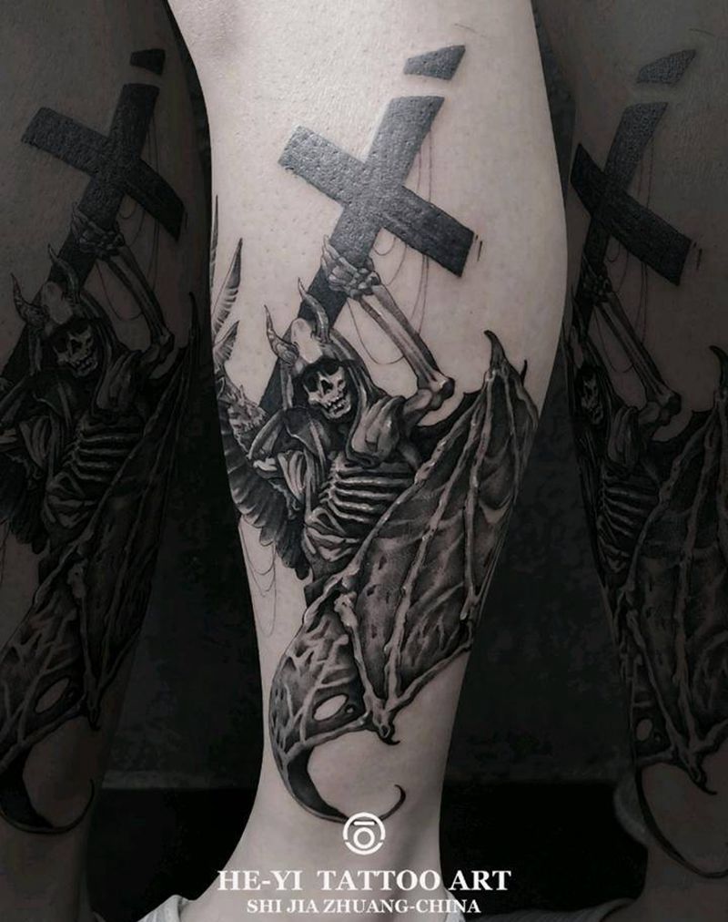降临纹身图片_腿部手臂欧美写实点刺小腿纹身骷髅纹身翅膀纹身纹身图案