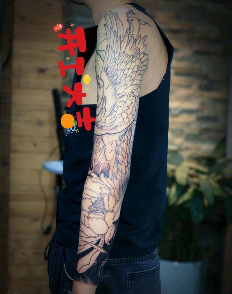 鹤 原创纹身图片_手臂腿部新传统New School鹤莲国风纹身图案