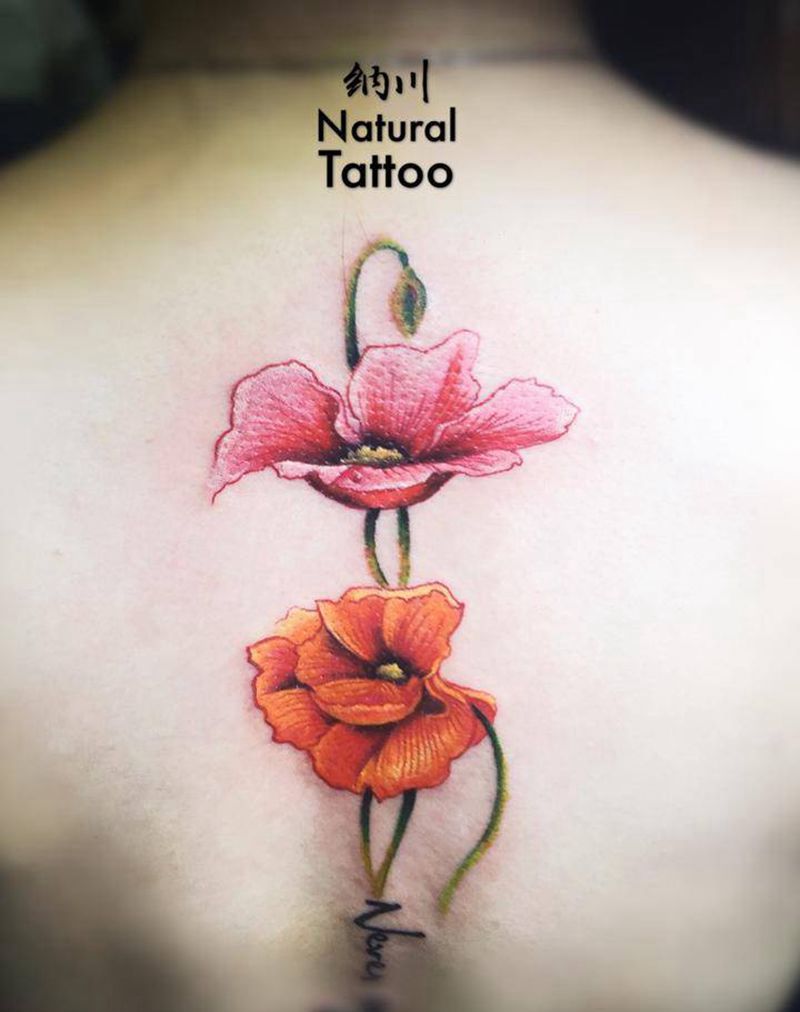 永不言败-罂粟花纹身图片_成品原创背部欧美清新植物纹身图案