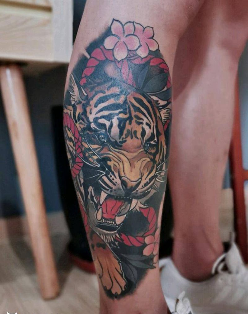 虎纹身图片_腿部手臂欧美写实New School老虎小腿纹身满背纹身纹身图案