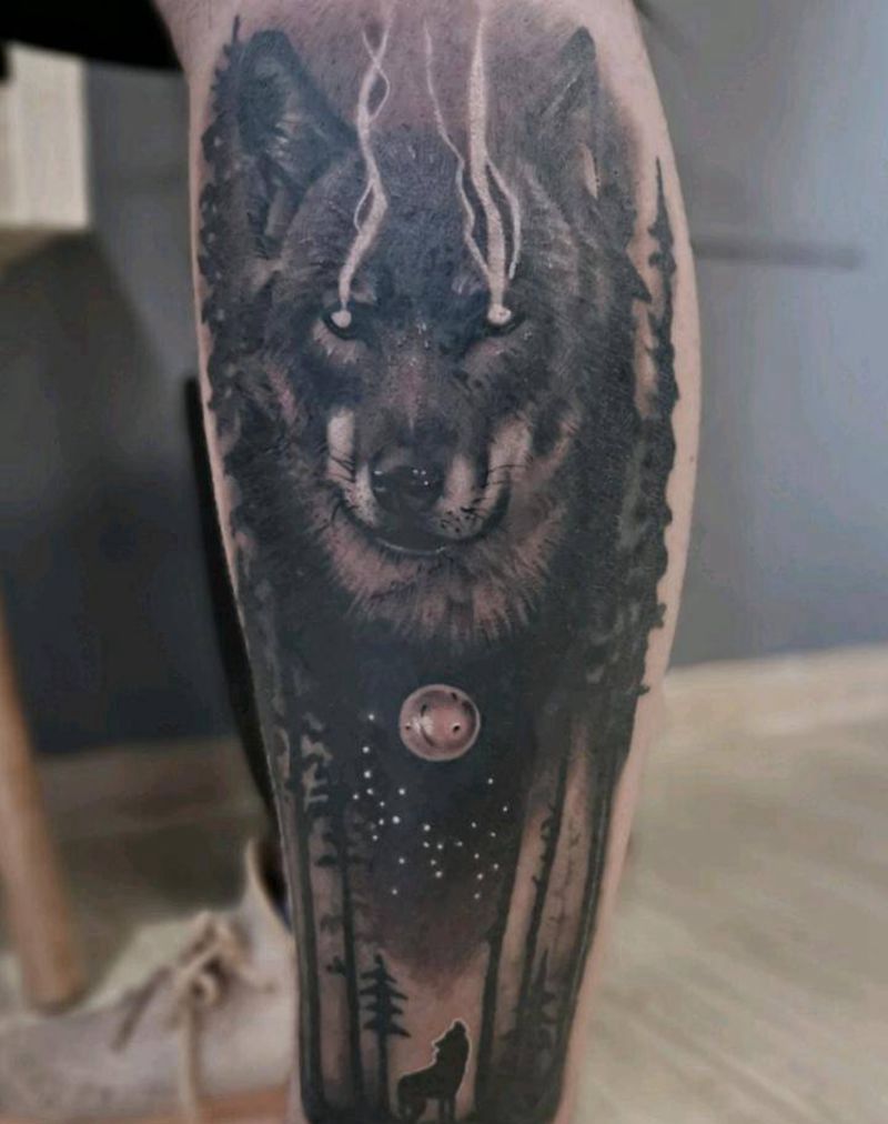 狼纹身图片_腿部手臂欧美写实老传统狼纹身小腿纹身狼纹身图案