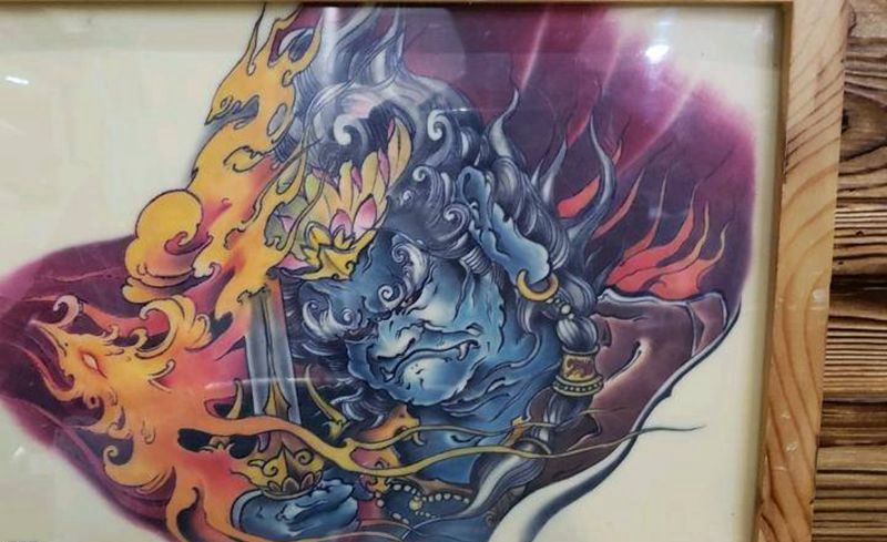 背部明王 临摹精雕纹身图片_肩部背部新传统Old School明王彩色纹身图案