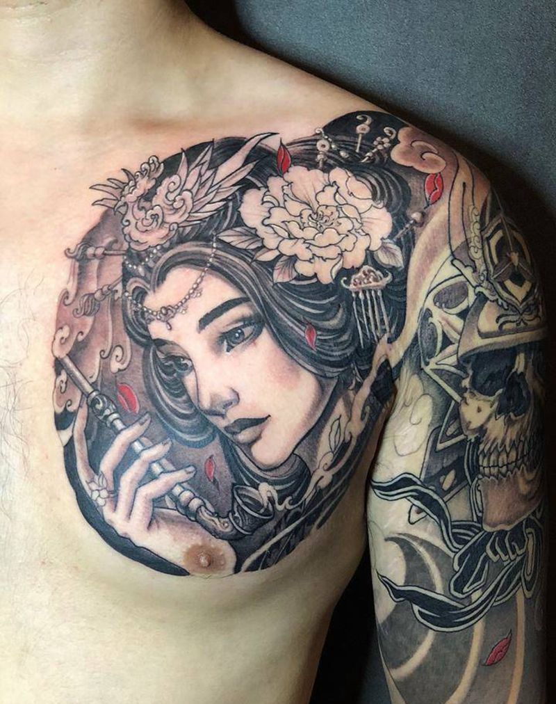 艺伎 鬼武士纹身图片_手臂新传统半甲纹身图案