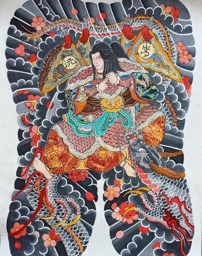 云龙九郎纹身图片_背部新传统新老结合云龙九郎纹身图案
