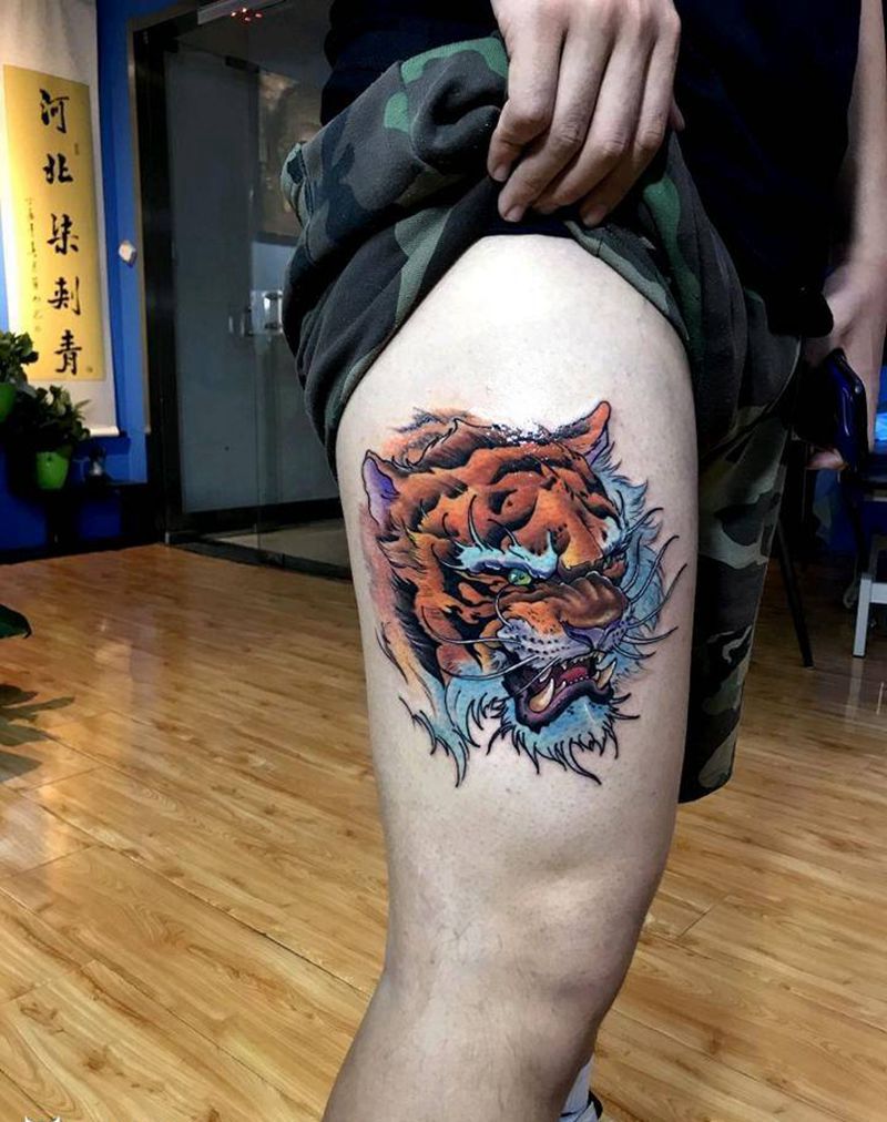 虎头纹身图片_腿部手部New SchoolOld School虎头纹身图案