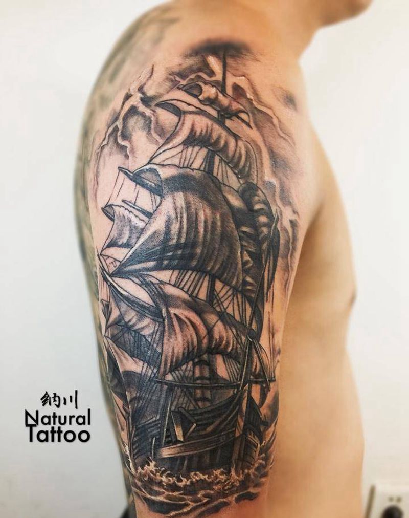 帆船遮盖纹身图片_成品手臂欧美写实遮盖纹身图案