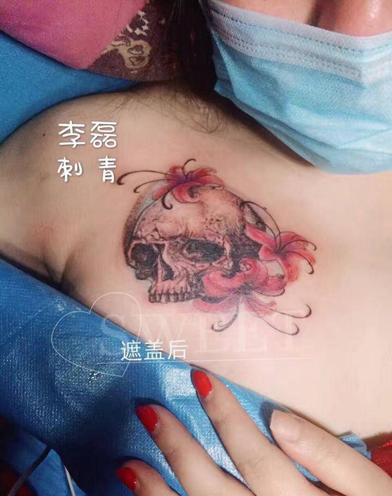 骷髅头纹身图片_胸部手稿欧美人物纹身图案