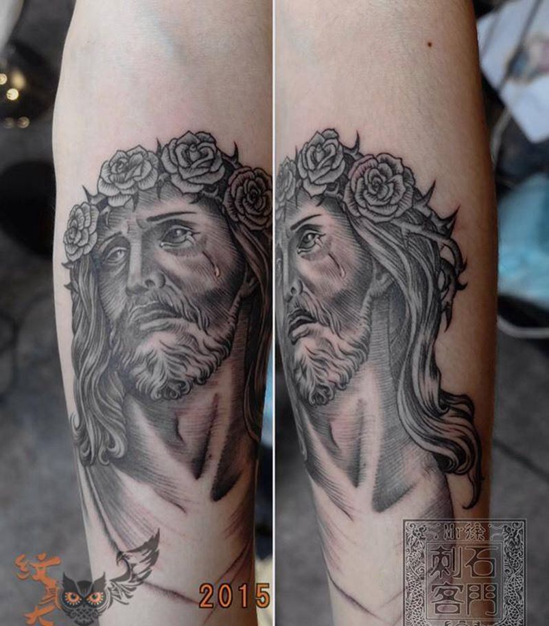耶稣纹身图片_成品手臂欧美写实人物宗教耶稣纹身图案
