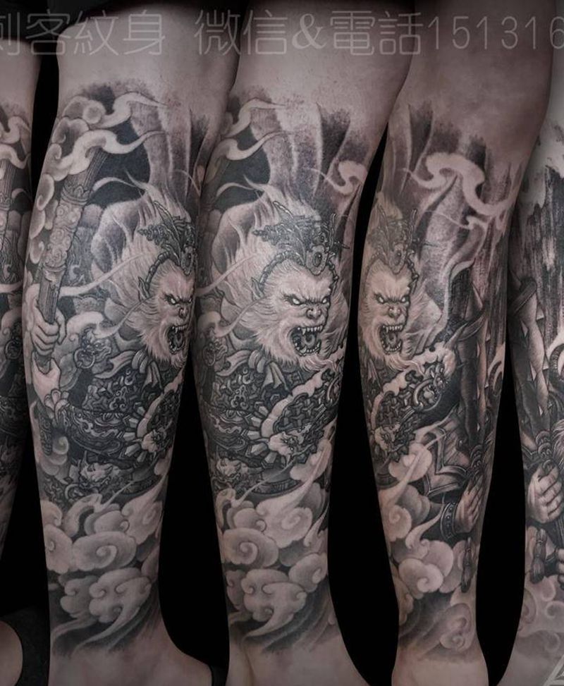 大圣之战纹身图片_成品腿部写实传统肖像鬼神宗教原创孙悟空纹身图案