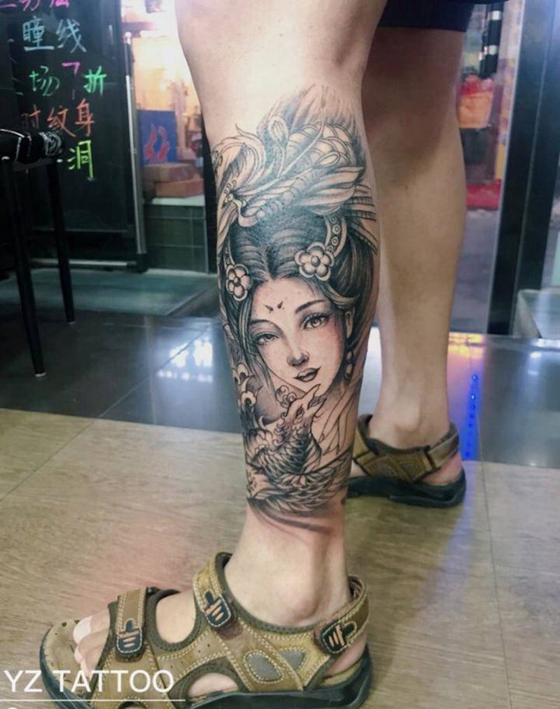 艺妓纹身图片_腿部新传统纹身图案
