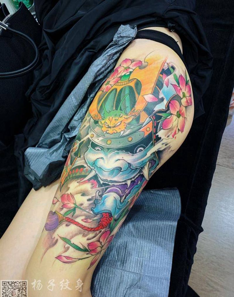 般若纹身图片_腿部新传统纹身图案