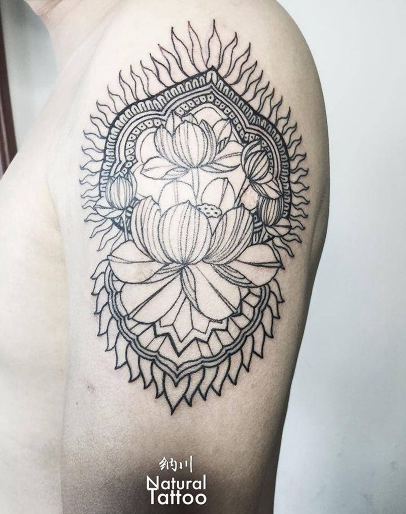 图腾莲花纹身图片_成品手臂肩部欧美清新植物图腾纹身图案