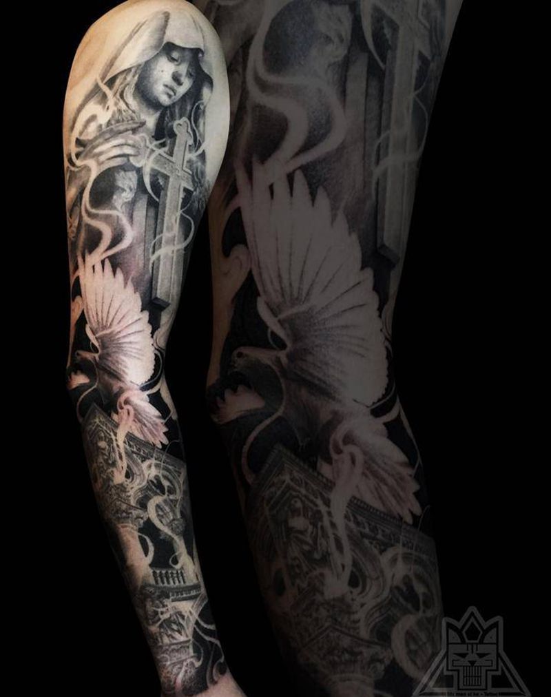 花臂纹身图片_成品手臂欧美写实肖像人物鬼神宗教动物静物纹身图案