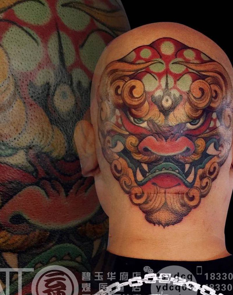 唐狮子纹身图片_新传统唐狮子纹身图案