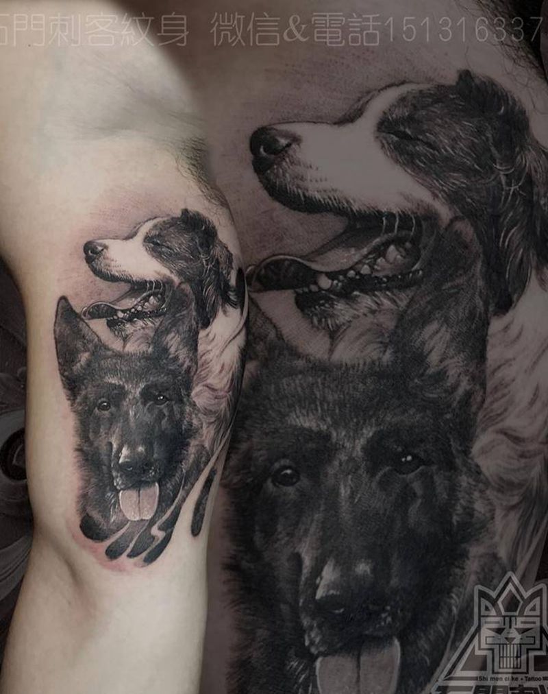 德牧&边牧纹身图片_手臂欧美写实狗纹身图案
