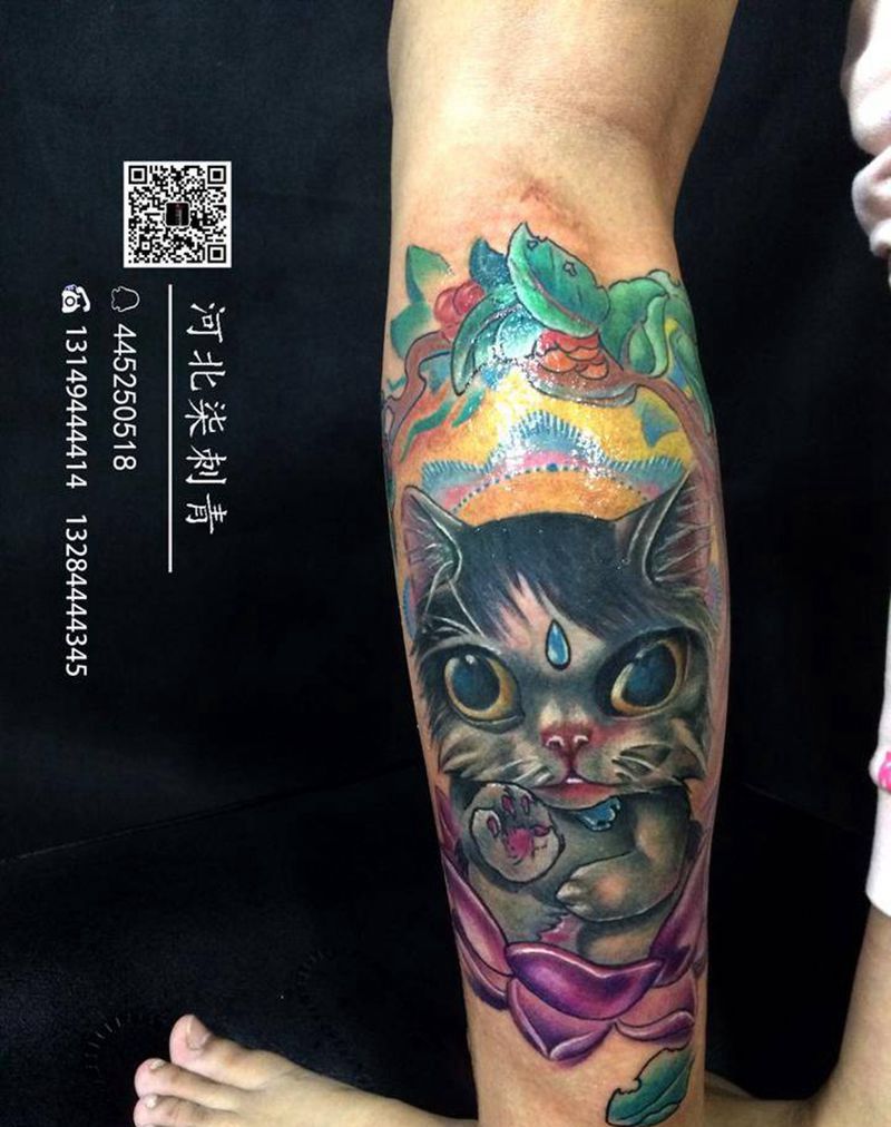 遮盖疤痕，猫咪纹身图片_成品腿部欧美动物纹身图案