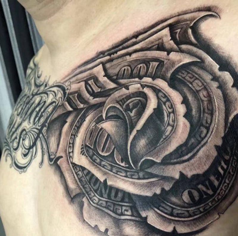 花胸未完成纹身图片_胸部欧美写实New School黑白文身纹身图案