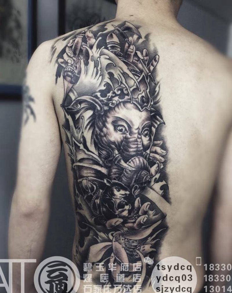 半背 象神纹身图片_成品背部传统鬼神动物原创宗教纹身图案