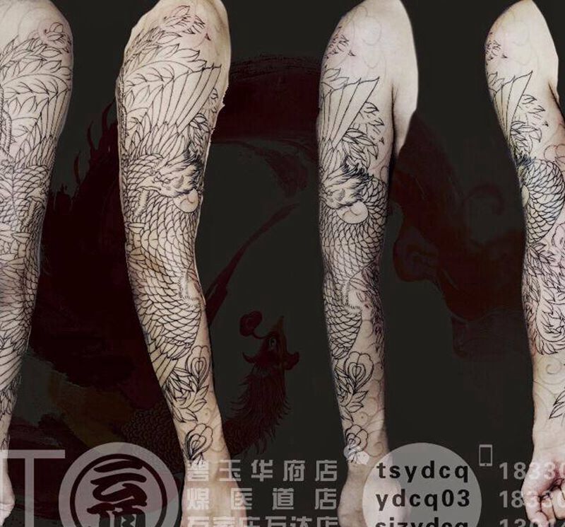 原创凤凰花臂 割线完成纹身图片_成品手臂传统动物原创宗教习俗纹身图案