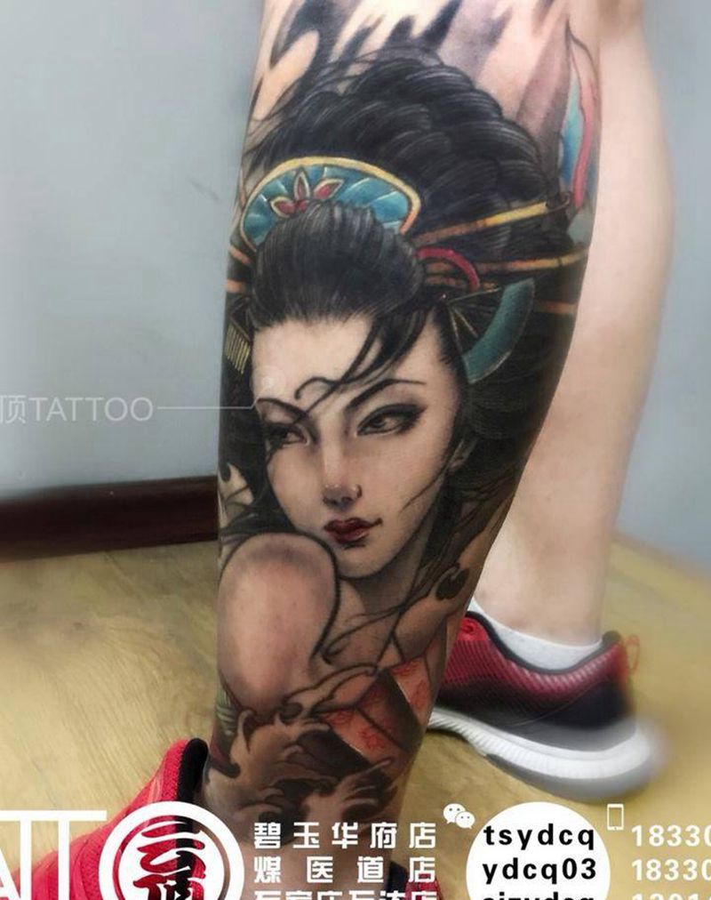 艺妓般若纹身图片_腿部新传统纹身图案