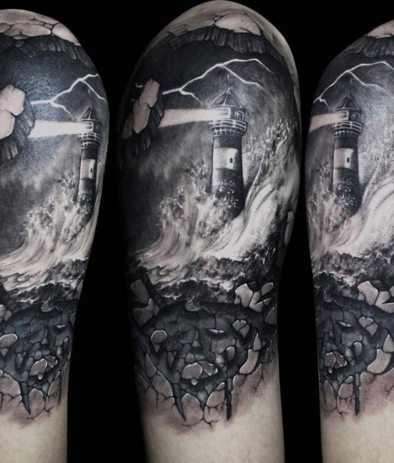 守望灯塔纹身图片_成品手臂欧美写实静物原创灯塔纹身图案