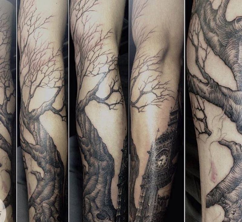 枯树花臂纹身图片_欧美写实植物手臂纹身图案