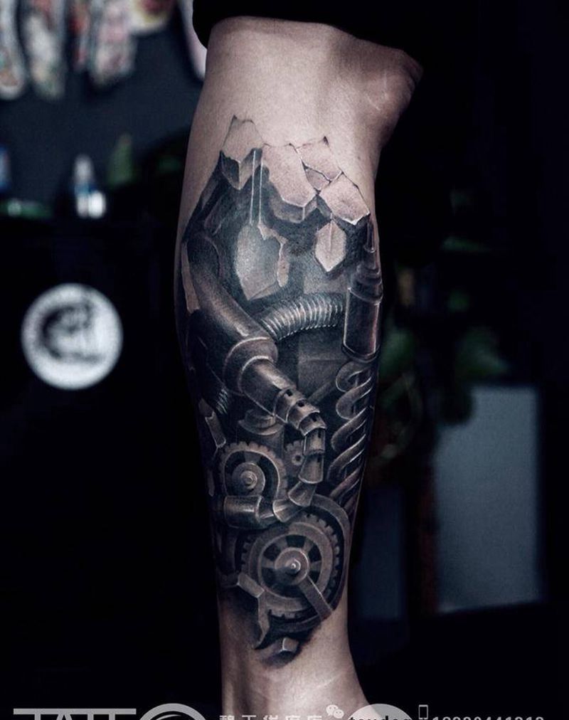 机械腿纹身图片_成品腿部欧美几何原创静物纹身图案
