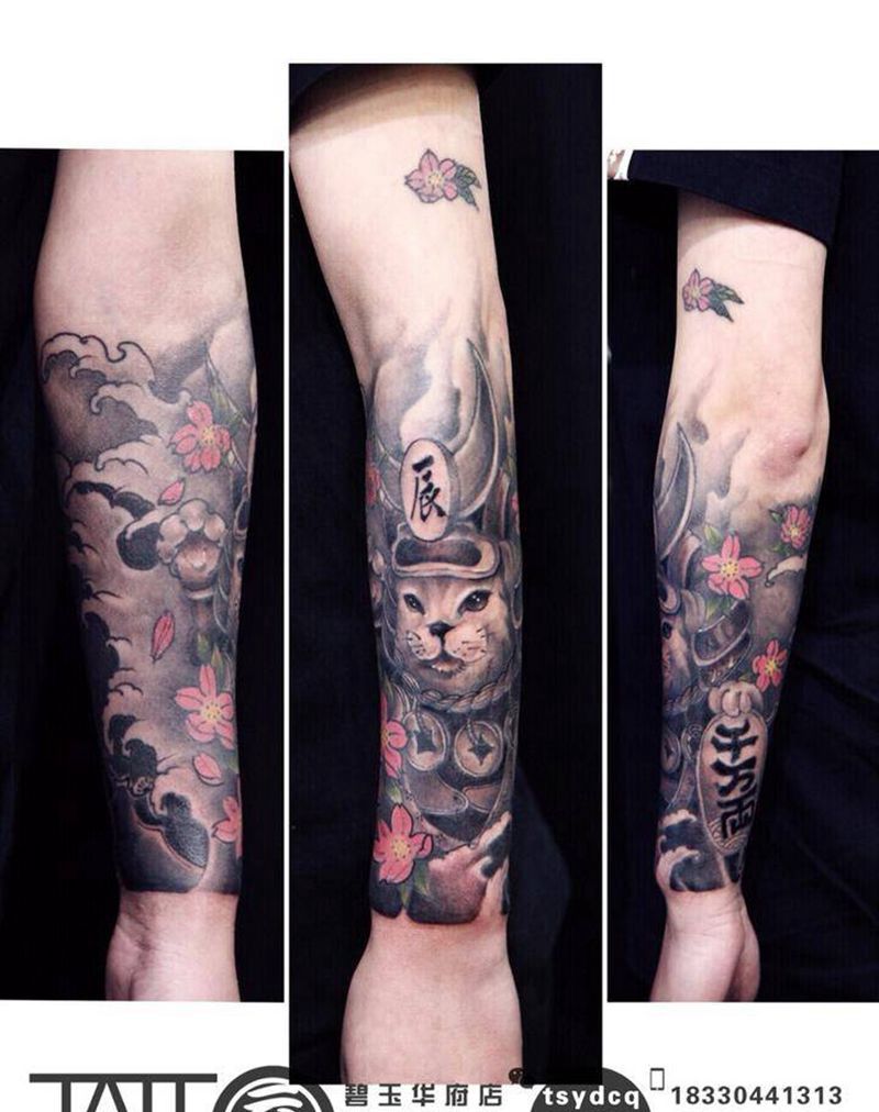 武士招财猫纹身图片
