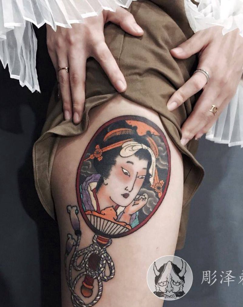 扇面纹身图片_腿部老传统纹身图案