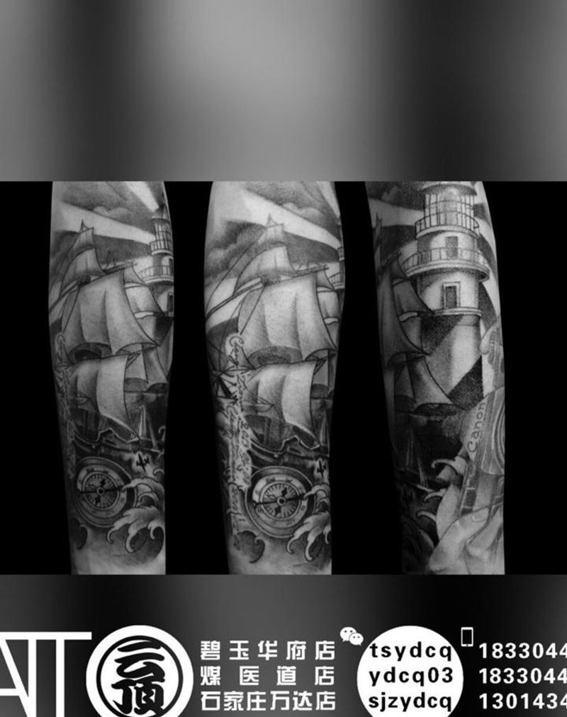 帆船纹身图片_成品手臂欧美静物原创纹身图案