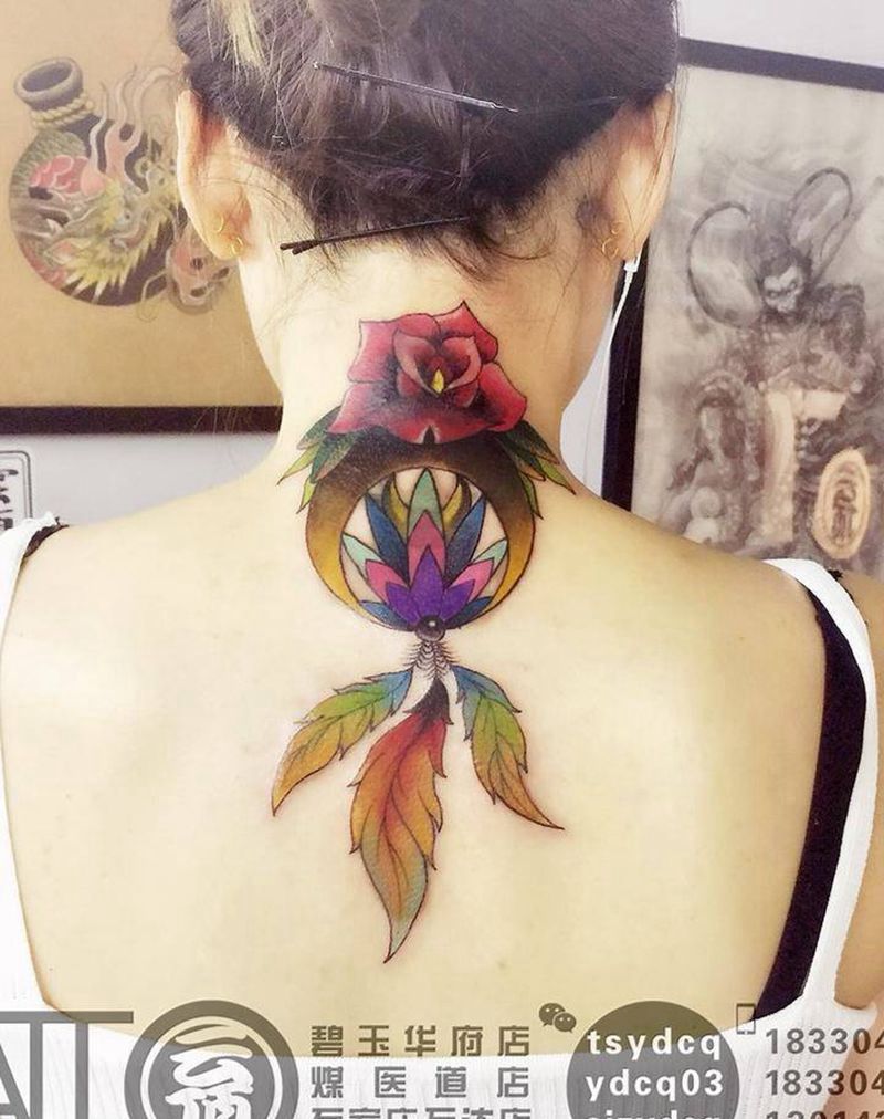 捕梦网遮盖老纹身纹身图片_成品颈部欧美习俗静物植物原创纹身图案