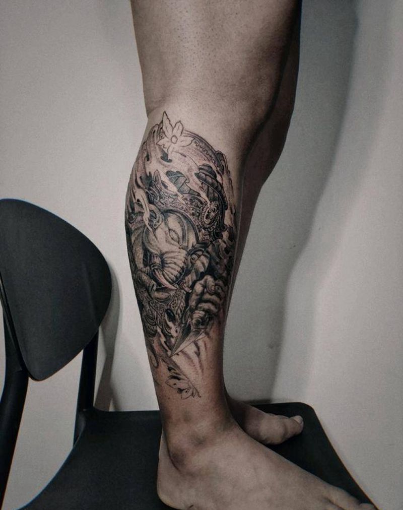 象神纹身图片_腿部新传统象神纹身图案