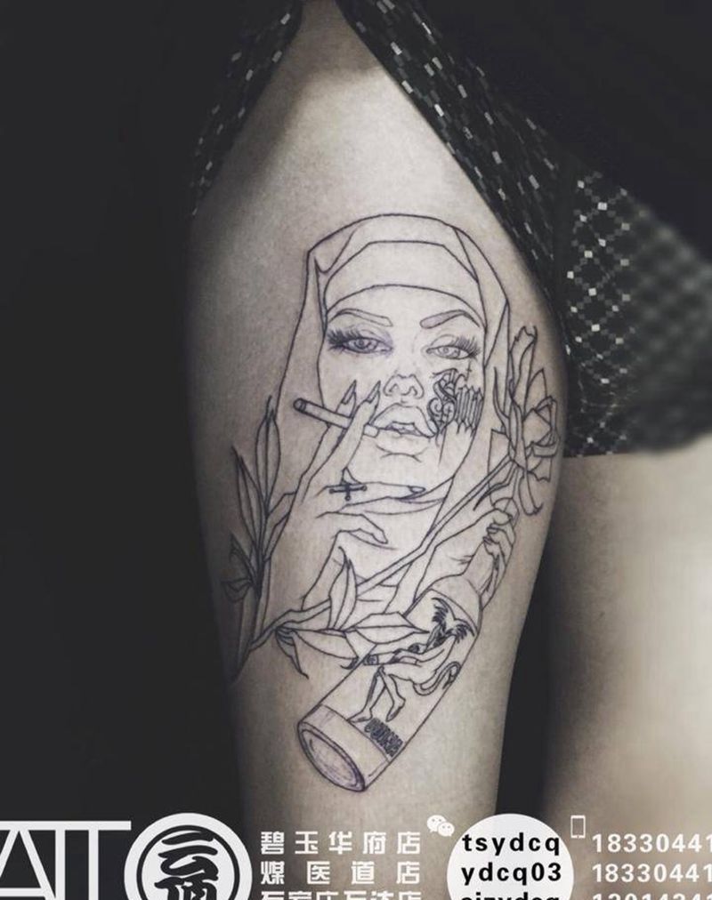 疯狂修女 割线完成纹身图片_成品腿部欧美肖像原创人物宗教纹身图案