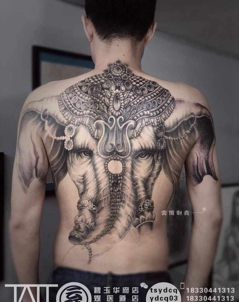 欧美写实风格象神纹身图片_成品背部欧美习俗写实宗教鬼神原创动物纹身图案