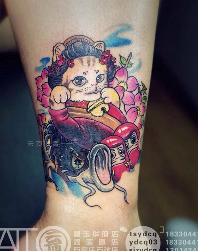 招财猫 完美覆盖老纹身纹身图片_成品腿部习俗传统动物原创纹身图案