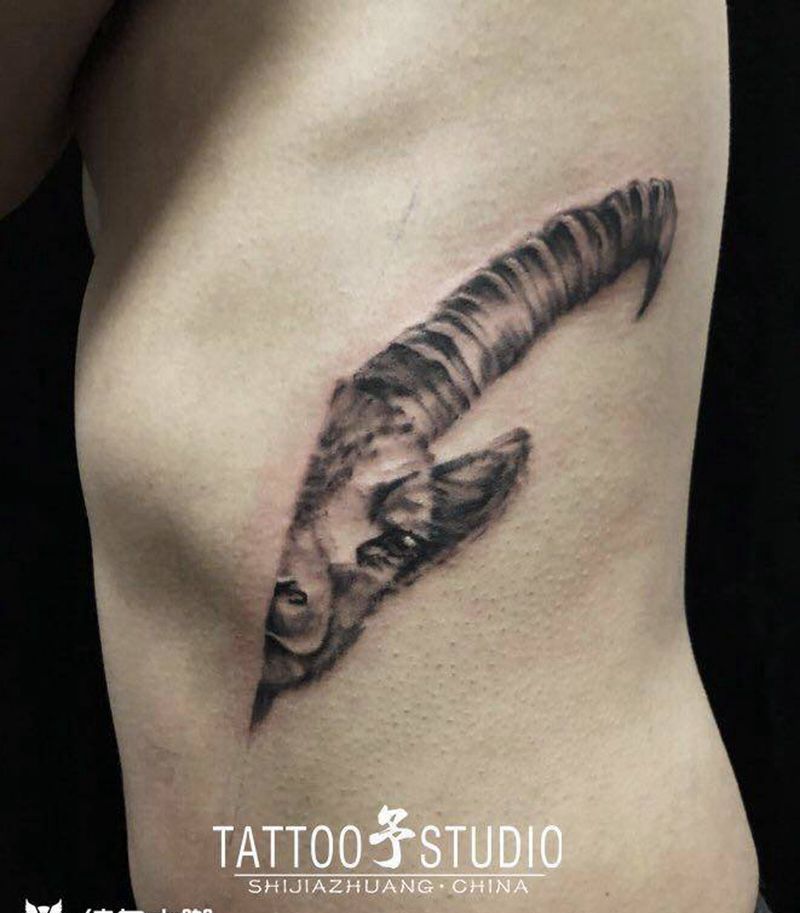 山羊头-摩羯座纹身图片_腰部背部欧美写实纹身图案