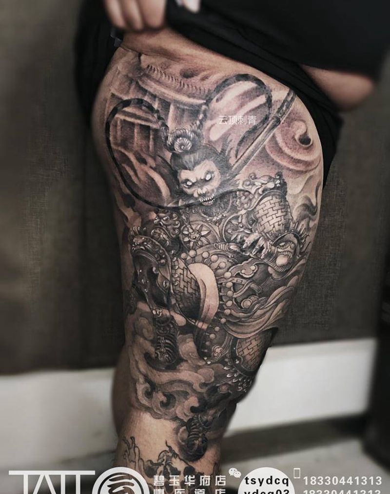 斗战胜佛纹身图片_腿部新传统斗战胜佛纹身图案