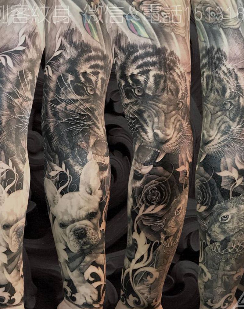 写实花臂纹身图片_手臂欧美写实老虎兔子狗纹身图案