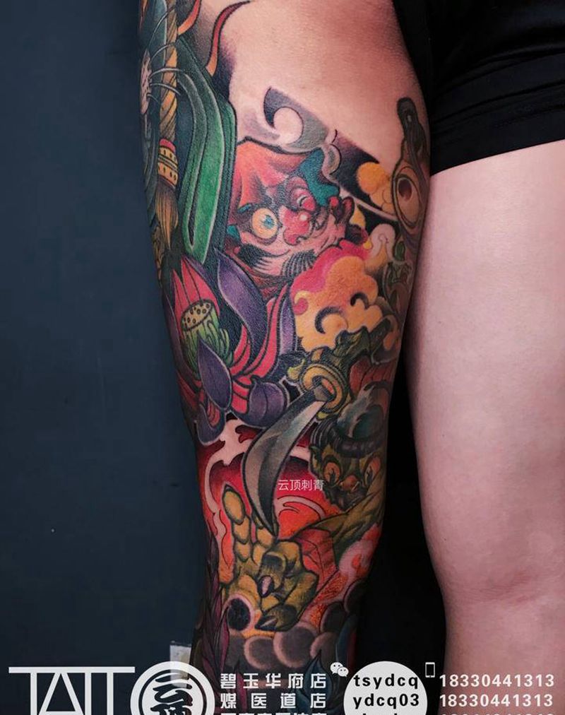 传图花腿拼接纹身图片_腿部新传统纹身图案