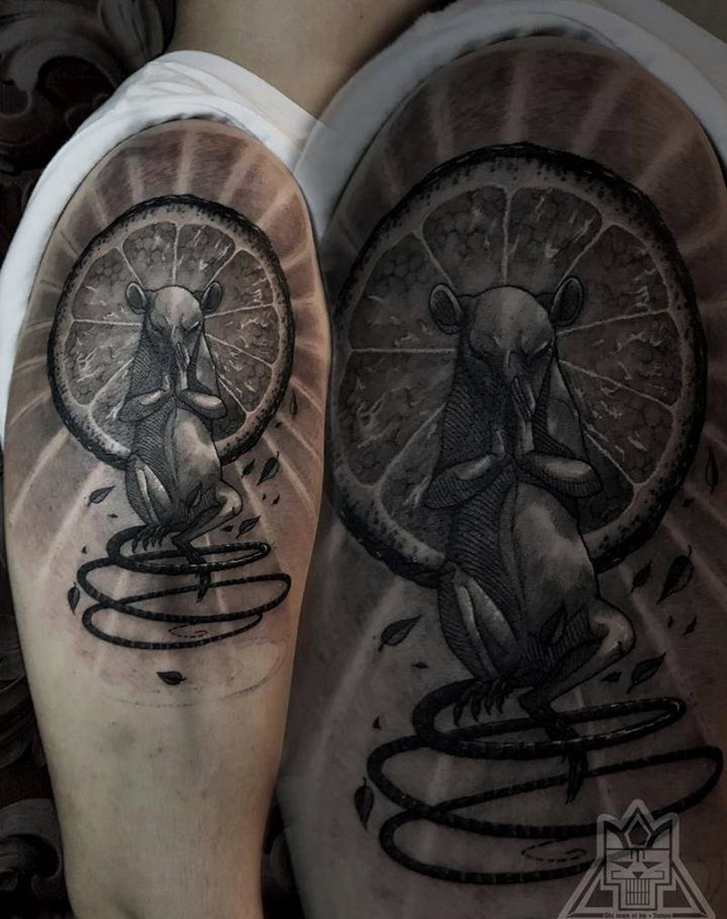 橘子老鼠纹身图片_手臂欧美写实老鼠橘子纹身图案