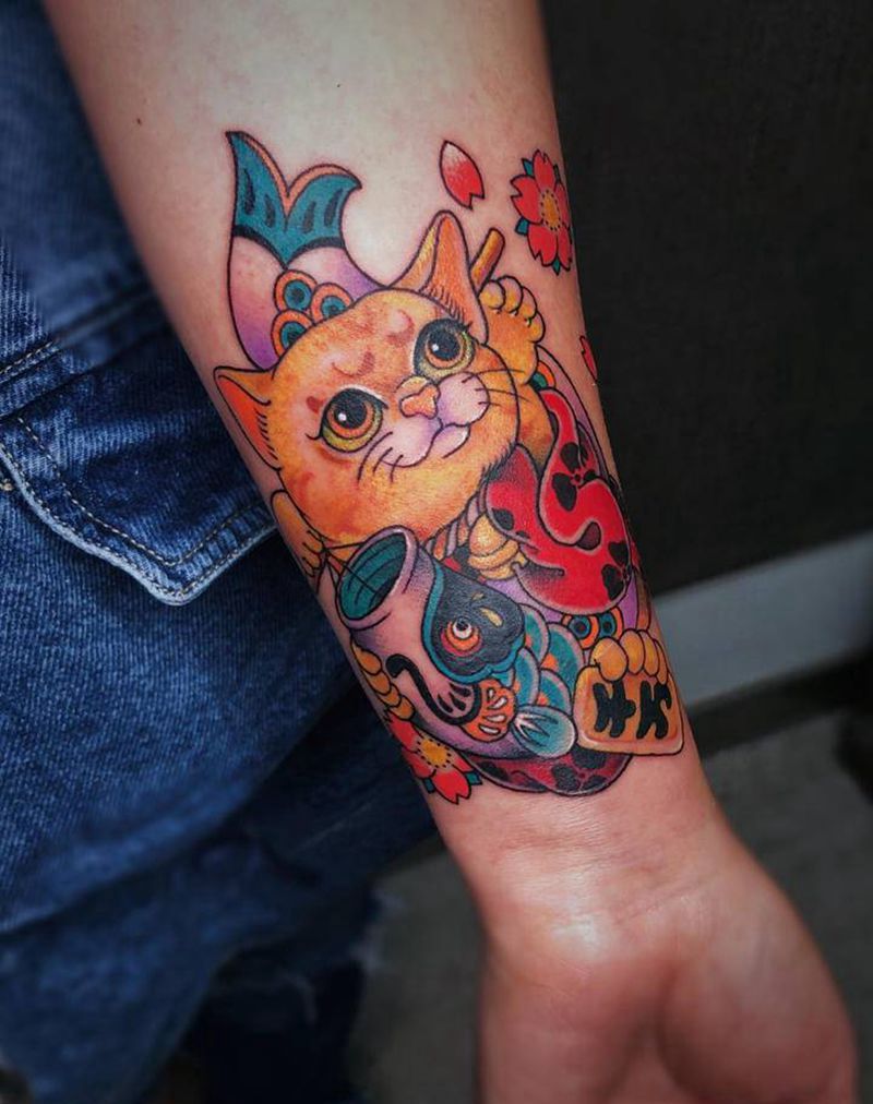 招财猫纹身图片_手臂新传统招财猫纹身图案