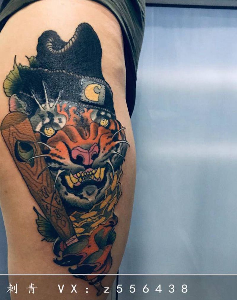 虎纹身图片_腿部New School纹身图案